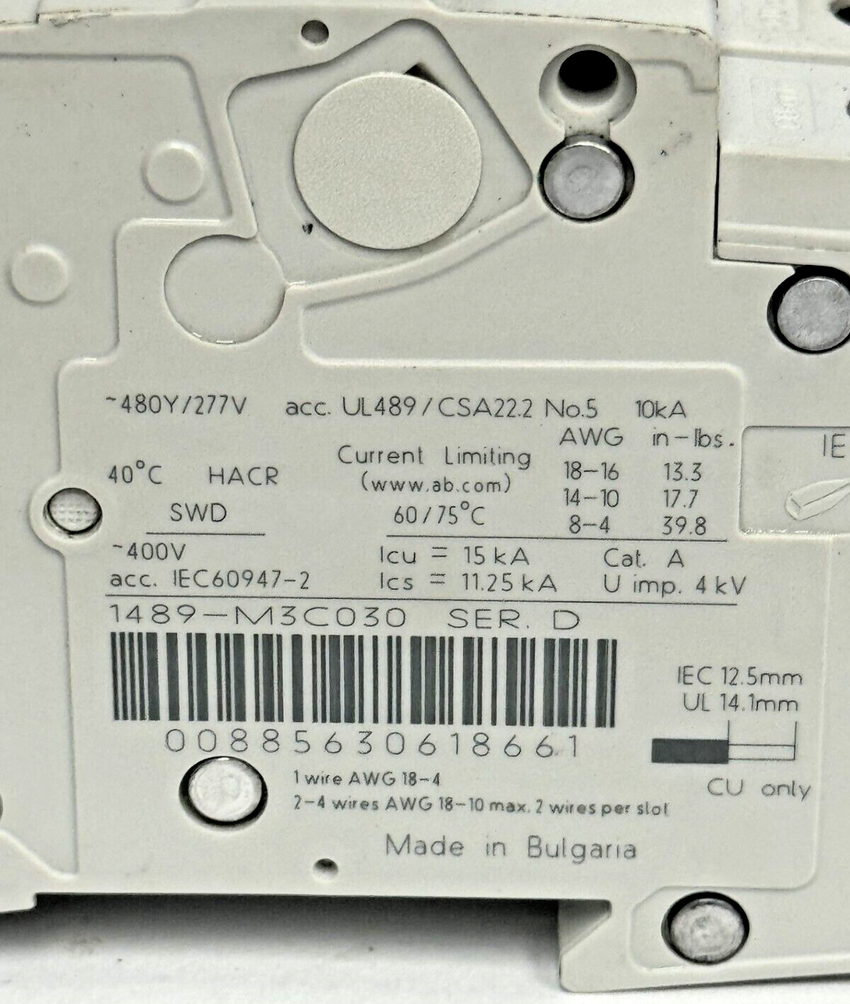 ALLEN-BRADLEY - 1489-M3C030 SER. D - CIRCUIT BREAKER - 3 P, 3 A, 277 V