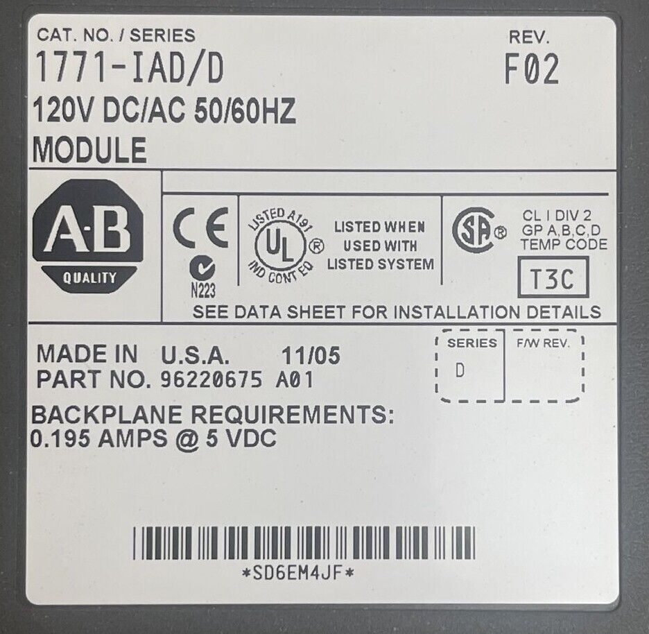 ALLEN BRADLEY 1771-IAD 120V DC/AC 50/60HZ MODULE SERIES D REV F02 0.195AMPS@5VDC