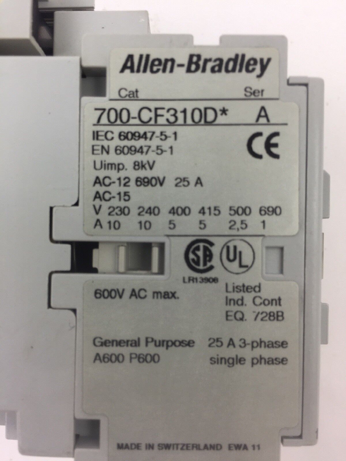 ALLEN BRADLEY 700-CF310D* CONTROL RELAY 600VAC 25 A WITH 100-FSD250 SURGE SUPRES