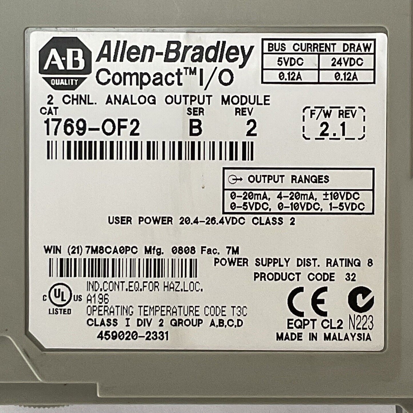 ALLEN BRADLEY 1769-OF2 SER B REV 2 F/W REV 2.1 2CH ANALOG OUTPUT MODULE COMPACT