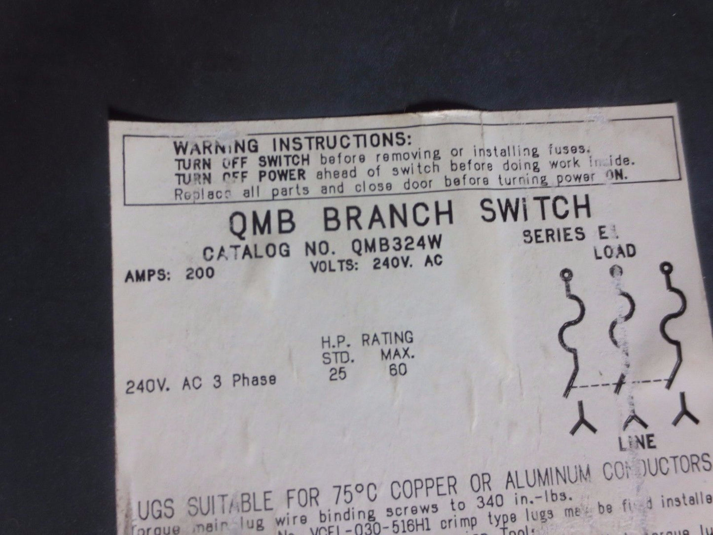 SQUARE D QMB324W Ser. E1 - QMB BRANCH SWITCH - 240VAC, 200A, 25-60HP