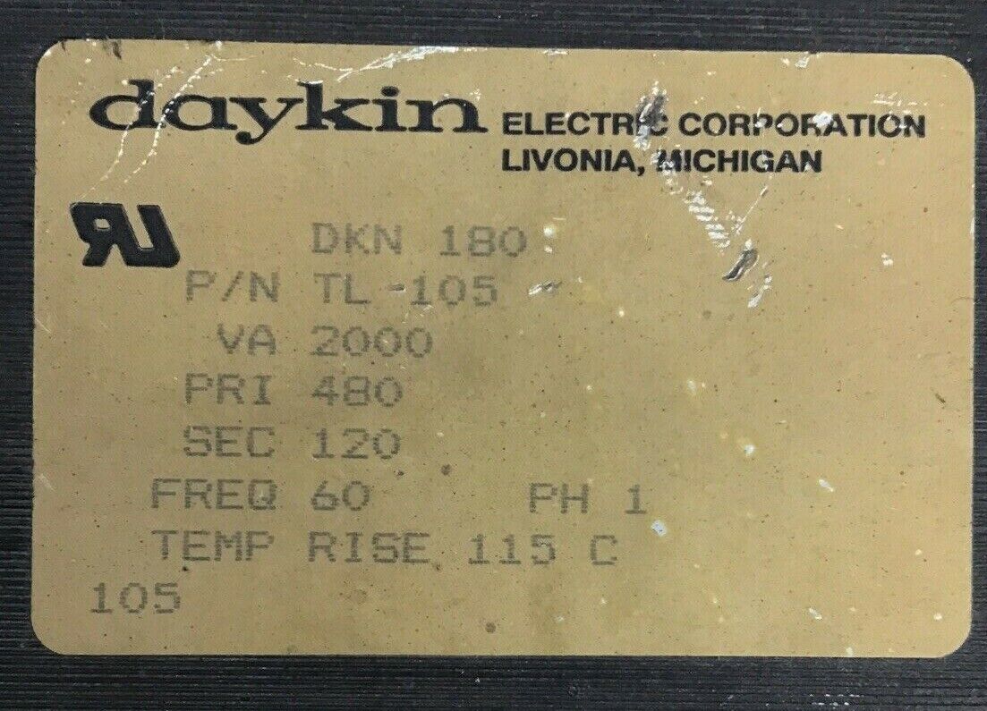 DAYKIN TL 105 TRANSFORMER DKN 180 480V PH1 60HZ 2000VA