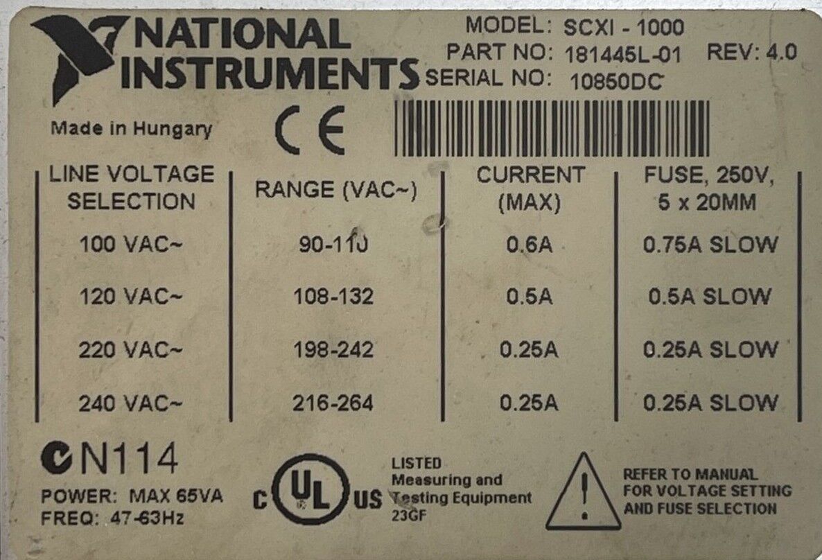 NATIONAL INSTRUMENTS NI SCXI-1000 POWER MODULE 120VAC 4 SLOT CHASSIS REV 4.0