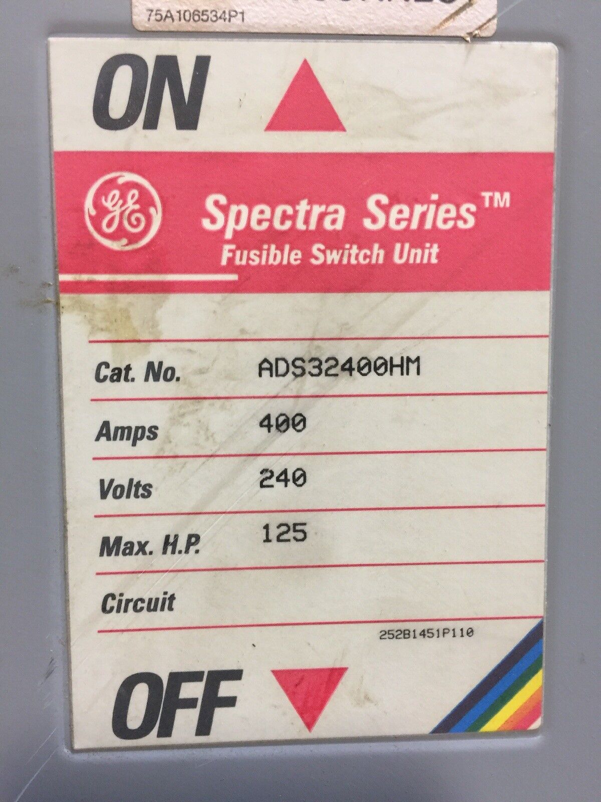 GE SPECTRA SERIES ADS32400HM FUSIBLE SWITCH UNIT 240VAC 250VDC 400A 3P 125HP