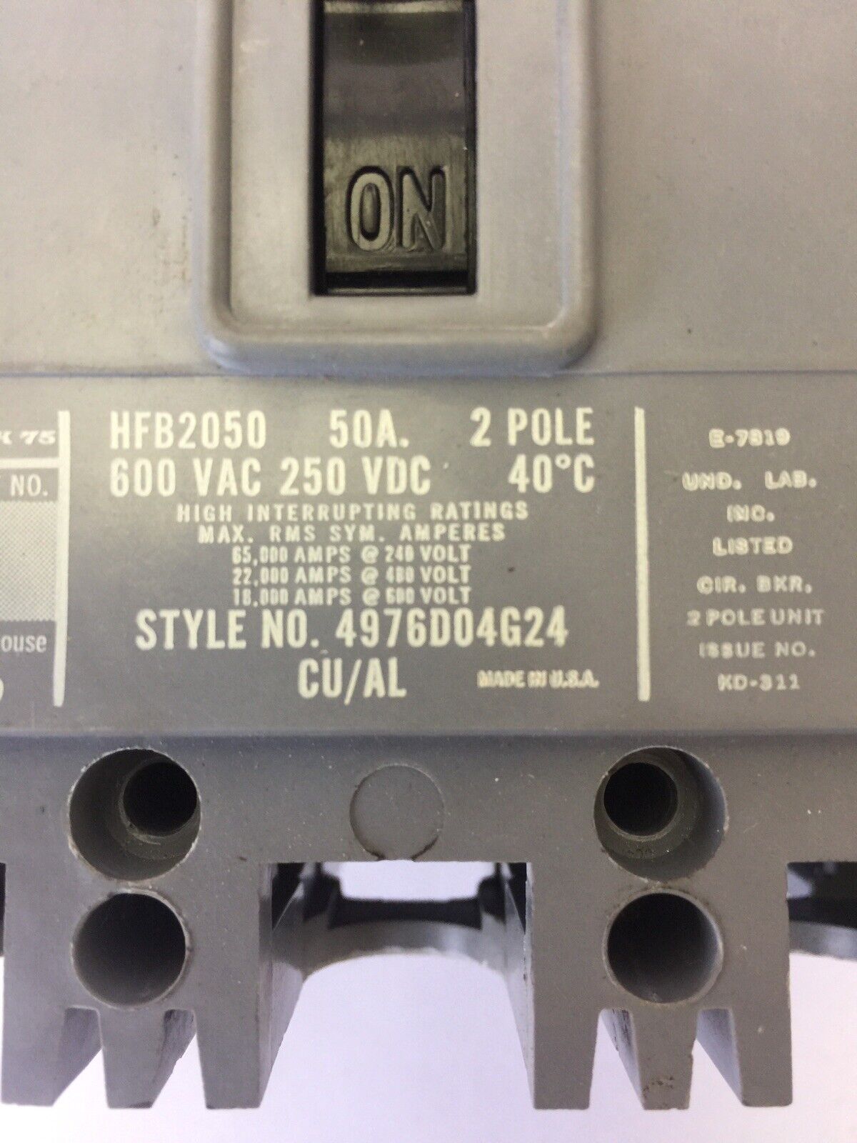 WESTINGHOUSE HFB2050 CIRCUIT BREAKER 50AMP 600VAC 250VDC 2POLE 4976D04G24