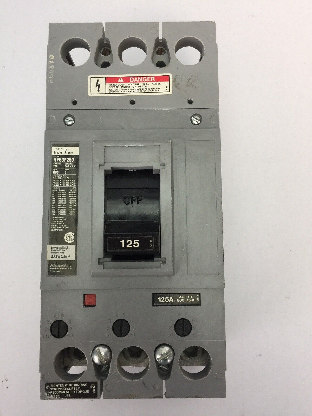 ITE HF63F250 CIRCUIT BREAKER 600 VAC 3 POLE 125 AMP TRIP MAG ADJ