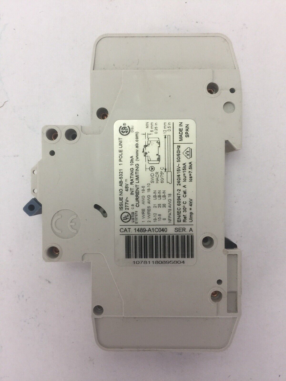 ALLEN BRADLEY 1489-A1C040 CIRCUIT BREAKER SER A 277VAC 48VDC 4A 1 POLE