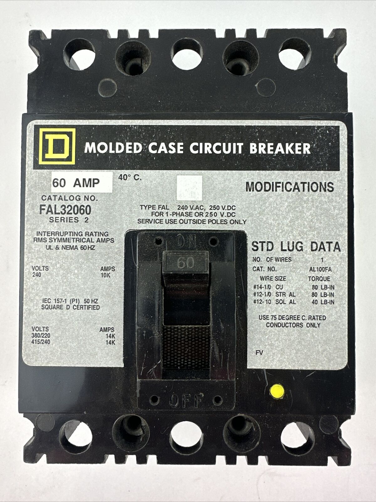 SQUARE D FAL32060 SER 2 CIRCUIT BREAKER 250VDC 240VAC 60AMP 3POLE