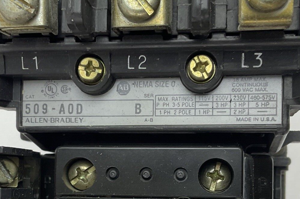 ALLEN BRADLEY 509-A0D STARTER SER.B W/CB236 COIL & AUX. CONTACT 595-A(2)