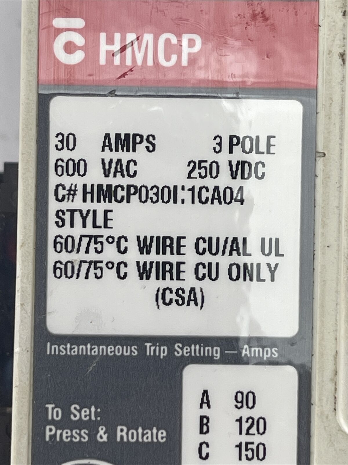 WESTINGHOUSE HMCP030I:1CA04 30AMP 3POLE 600VAC 250VDC AUX. SW. A1X1LT 1490D73G58