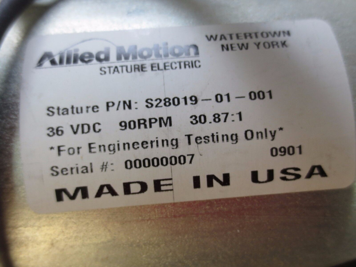 ALLIED MOTION / STATURE ELECTRIC S28019-01-001 MOTOR 36VDC, 90RPM, 30.87:1 RATIO