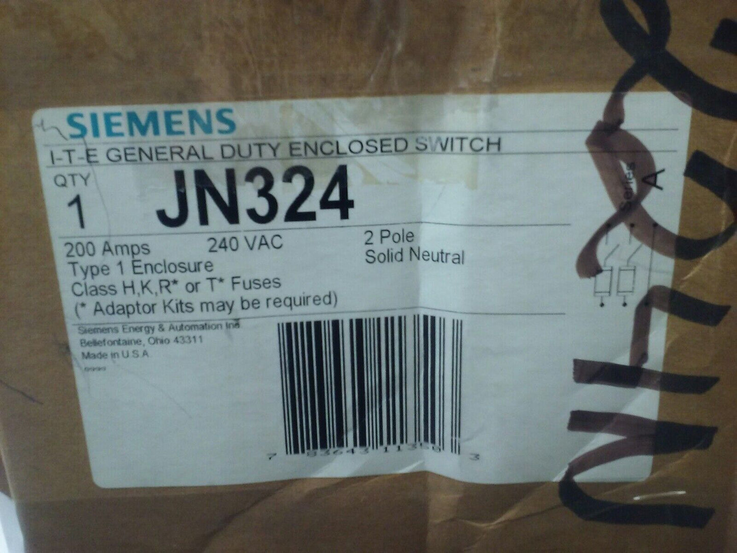 SIEMENS JN324 FUSIBLE SAFETY SWITCH 2P, 1PH, 200A, 240V, 15HP, TYPE 1 INDOOR