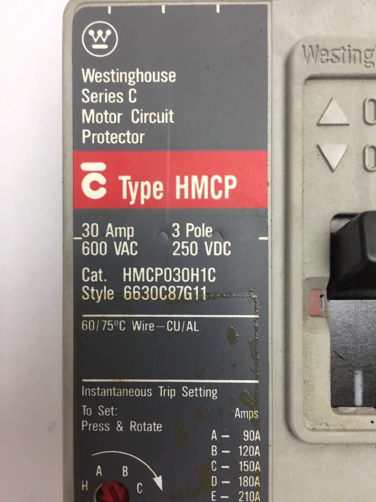 WESTINGHOUSE HMCP030H1C MOTOR CIRCUIT PROTECTOR 30AMP 600VAC 250VDC 3 POLE SER C