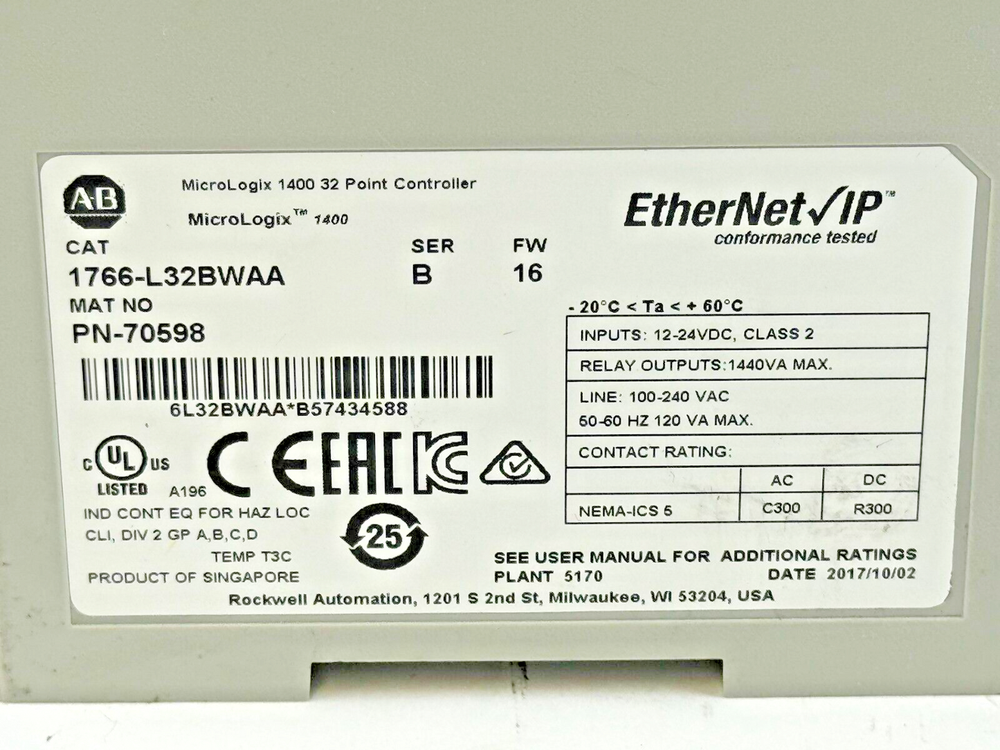 ALLEN-BRADLEY - 1766-L32BWAA SER. B FW 16 - MICROLOGIX 1400 32 POINT CONTROLLER