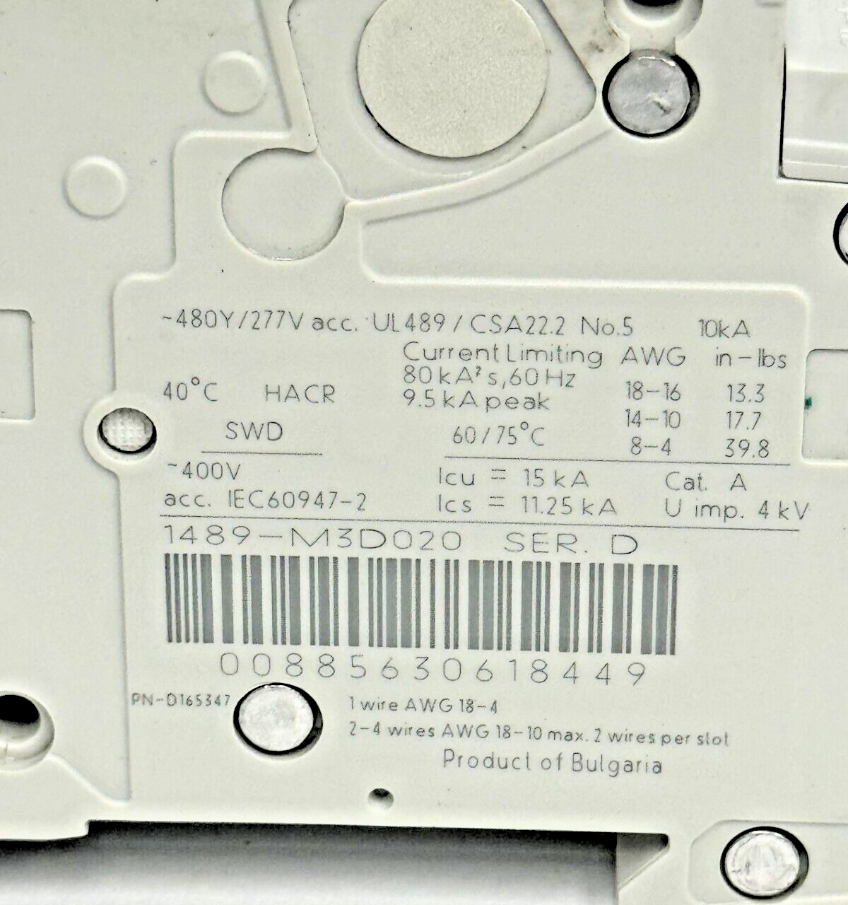 ALLEN-BRADLEY - 1489-M3D020 SER. D - CIRCUIT BREAKER - 3 P, 2 A, 277 V