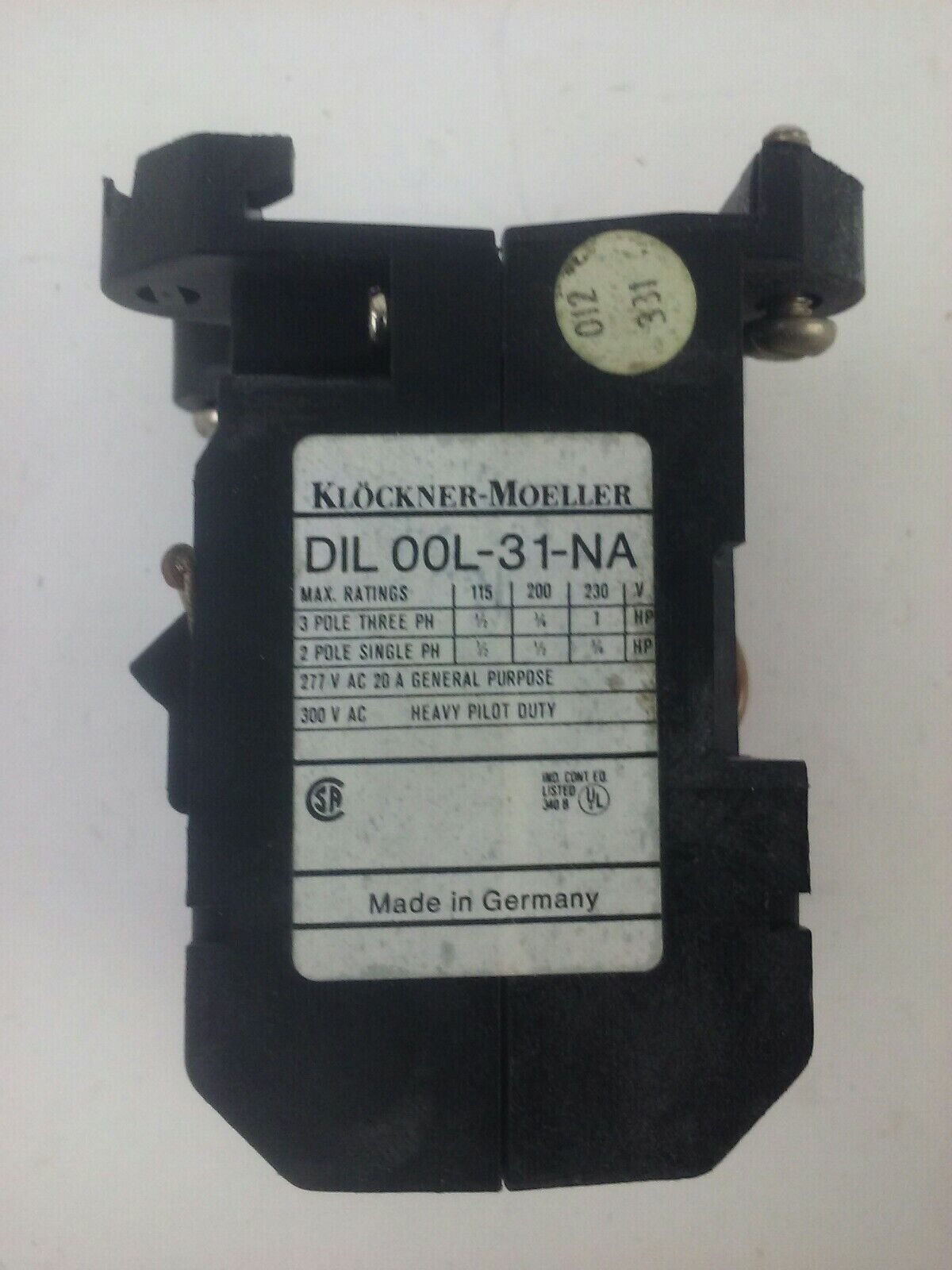 KLOCKNER MOELLER DIL00L-31-NA CONTACTOR RELAY 115V COIL, 3PH, 300V, 20A, 1HP
