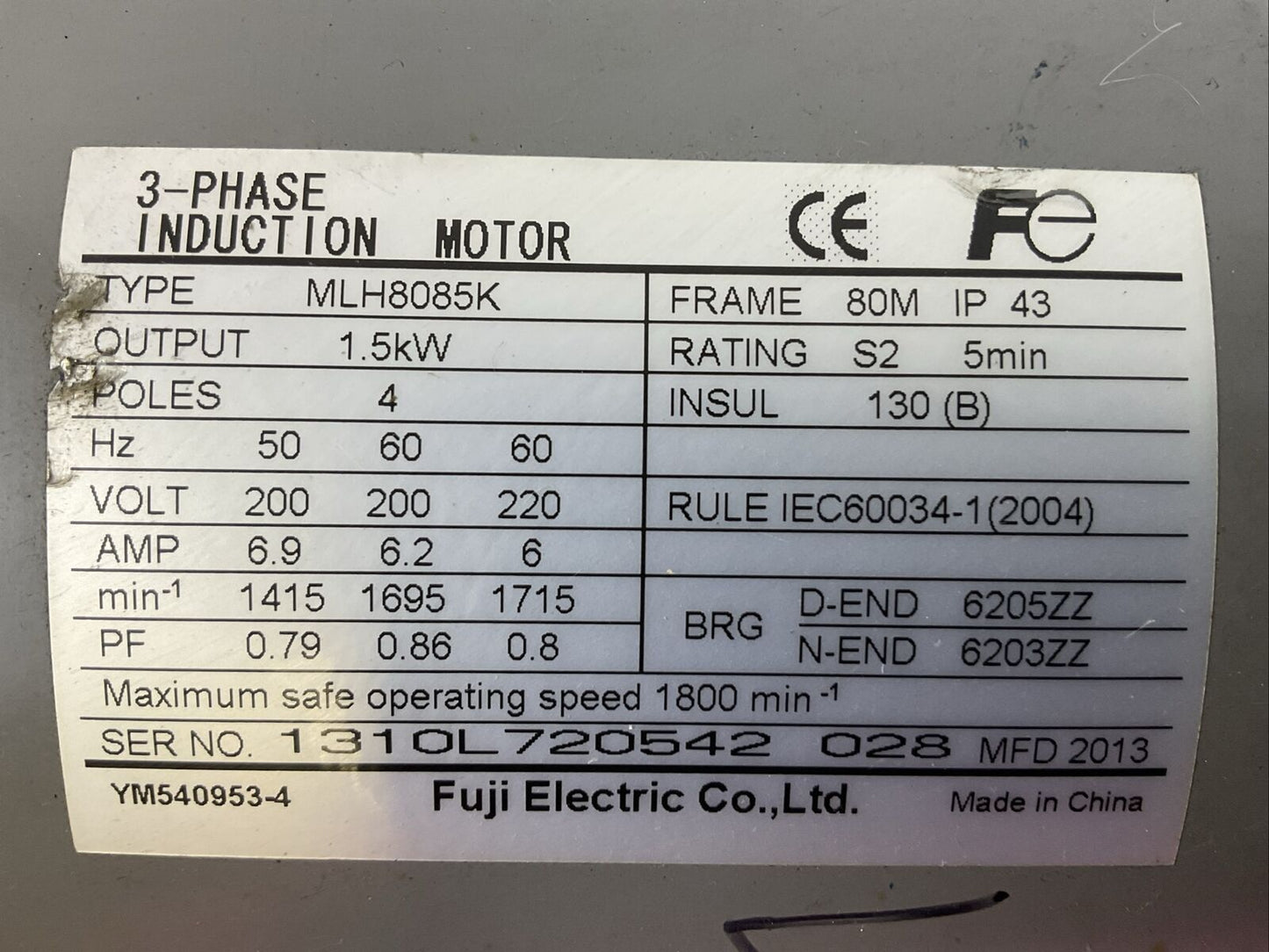 FUJI ELECTRIC MLH8085K 3PH INDUCTION MOTOR 1.5kW 220V 60HZ 6AMP
