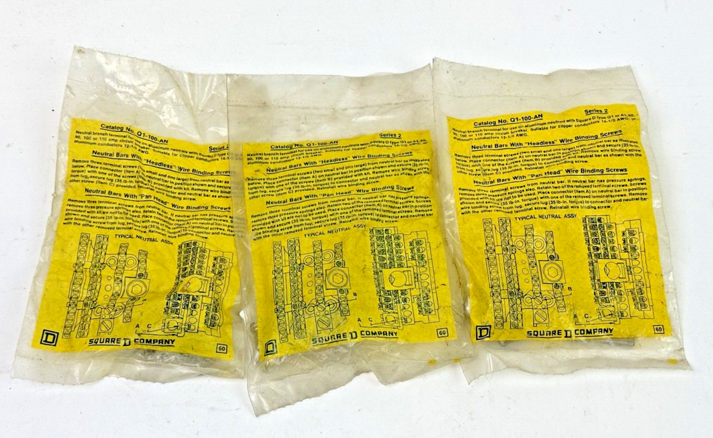 SQUARE D * LOT OF 3* - Q1-100AN - NEUTRAL TERMINAL KIT - NEW OLD STOCK