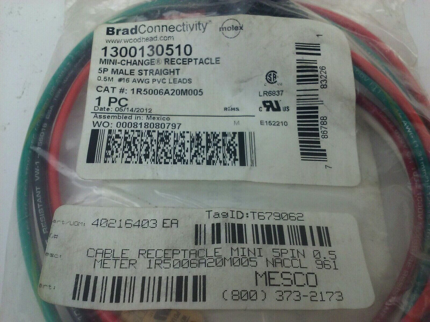 BRAD CONNECTIVITY 1R5006A20M005 MINI-CHANGE RECEPTACLE 5P MALE STRAIGHT