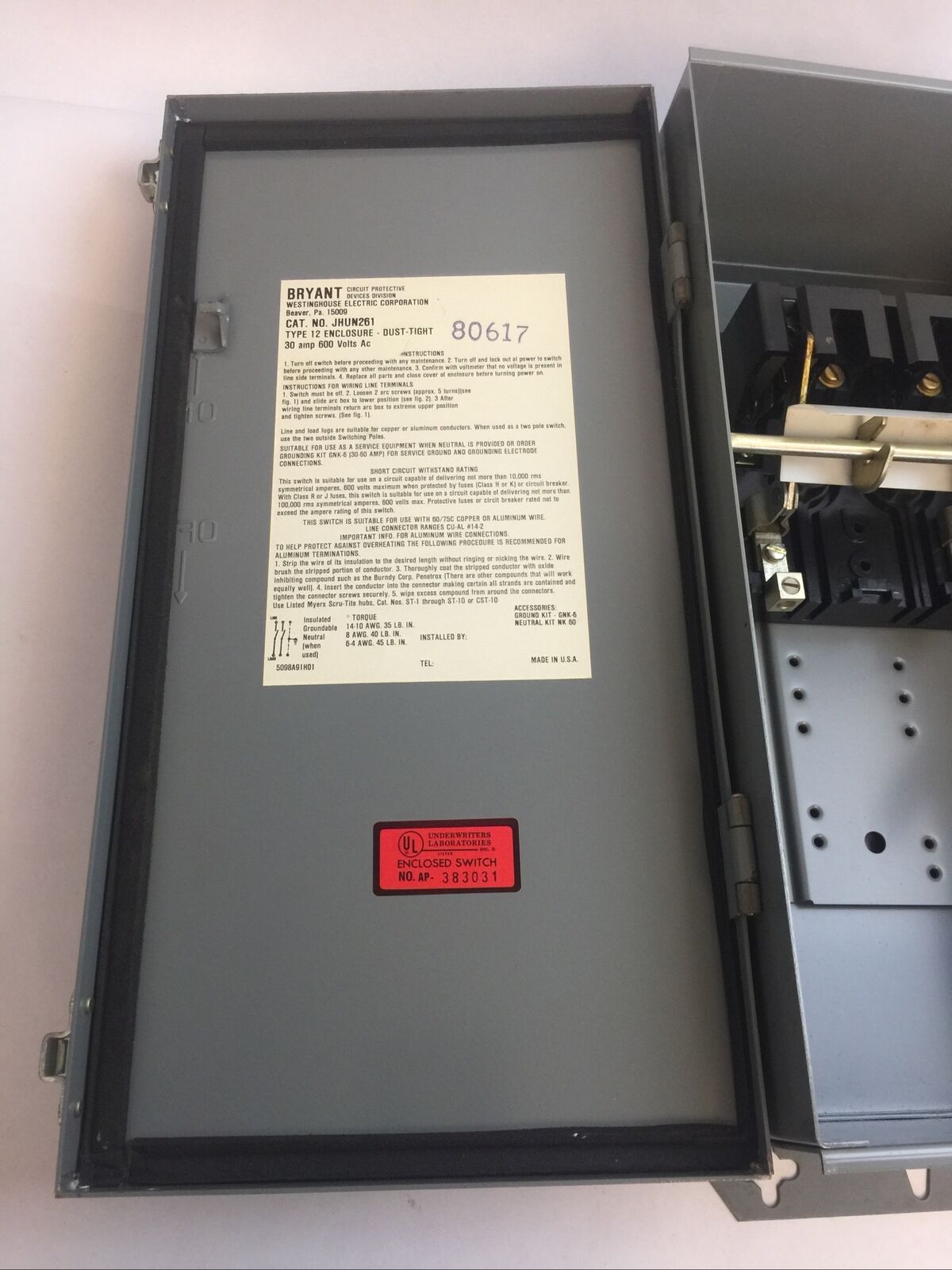 WESTINGHOUSE JHUN261 NON FUSIBLE SAFETY SWITCH 600V 30A 15HP TYPE 12 DUST-TIGHT