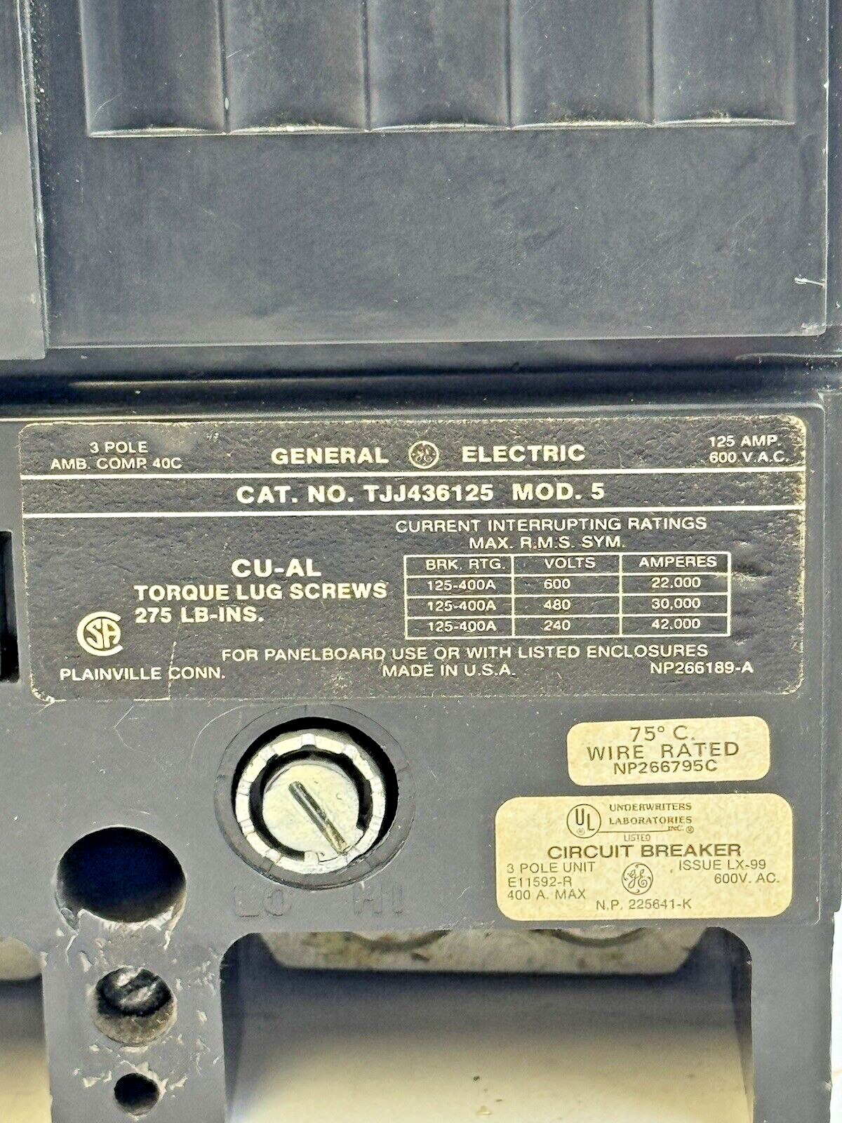 GE - TJJ436125 - CIRCUIT BREAKER W/ 125A TRIP + SEE BELOW - 125A, 600VAC, 3 POLE