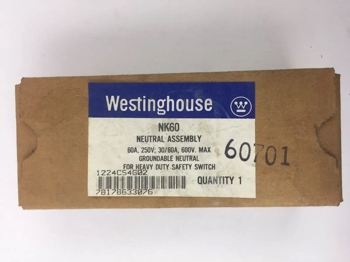 WESTINGHOUSE NK60 NEUTRAL ASSEMBLY 60A 250V; 30/60A 600V MAX GROUNDABLE NEUTRAL