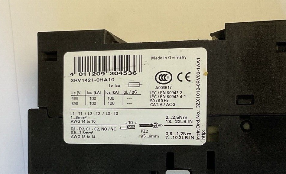 SIEMENS 3RV1421-0HA10 MANUAL MOTOR STARTER 16A CLASS 10 0.55-0.8A 50/60HZ CAT.A