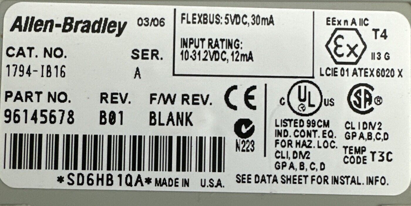 ALLEN BRADLEY 1794-IB16 24VDC SINK INPUT MODULE SER A REV B01 F/W REV BLANK