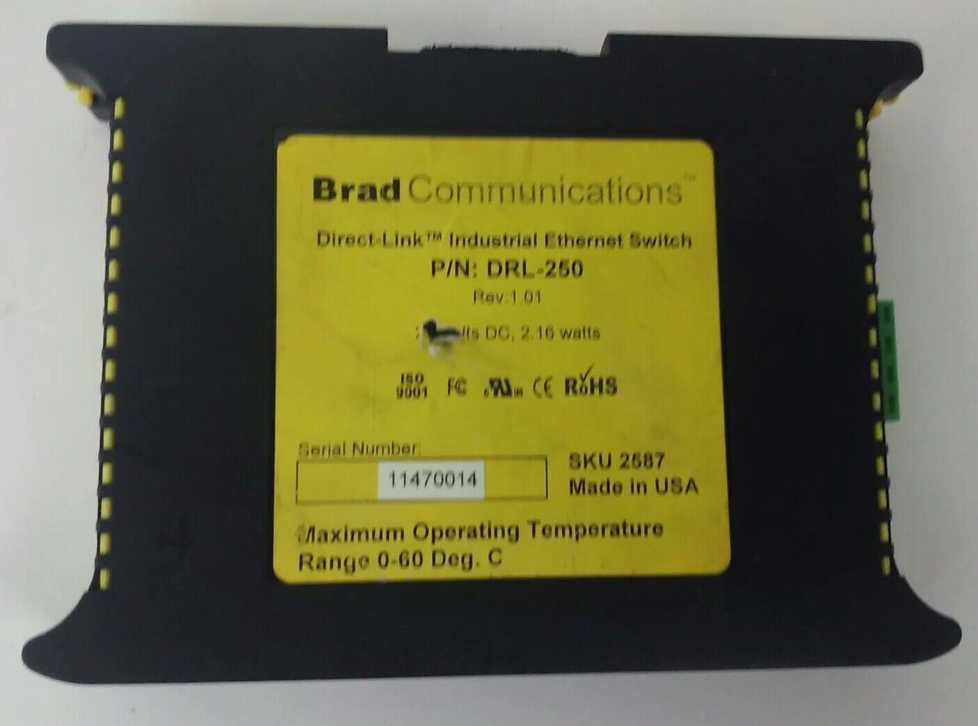 BRAD COMMUNICATIONS ETHERNET SWITCH - P/N DRL250, DRL-250, 24VDC, 2.16 WATTS