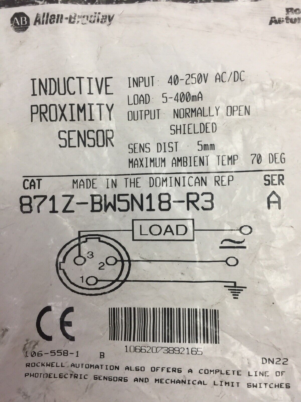 ALLEN BRADLEY 871Z-BW5N18-R3 INDUCTIVE PROXIMITY SENSOR 40-250VAC 5-400mA SER A