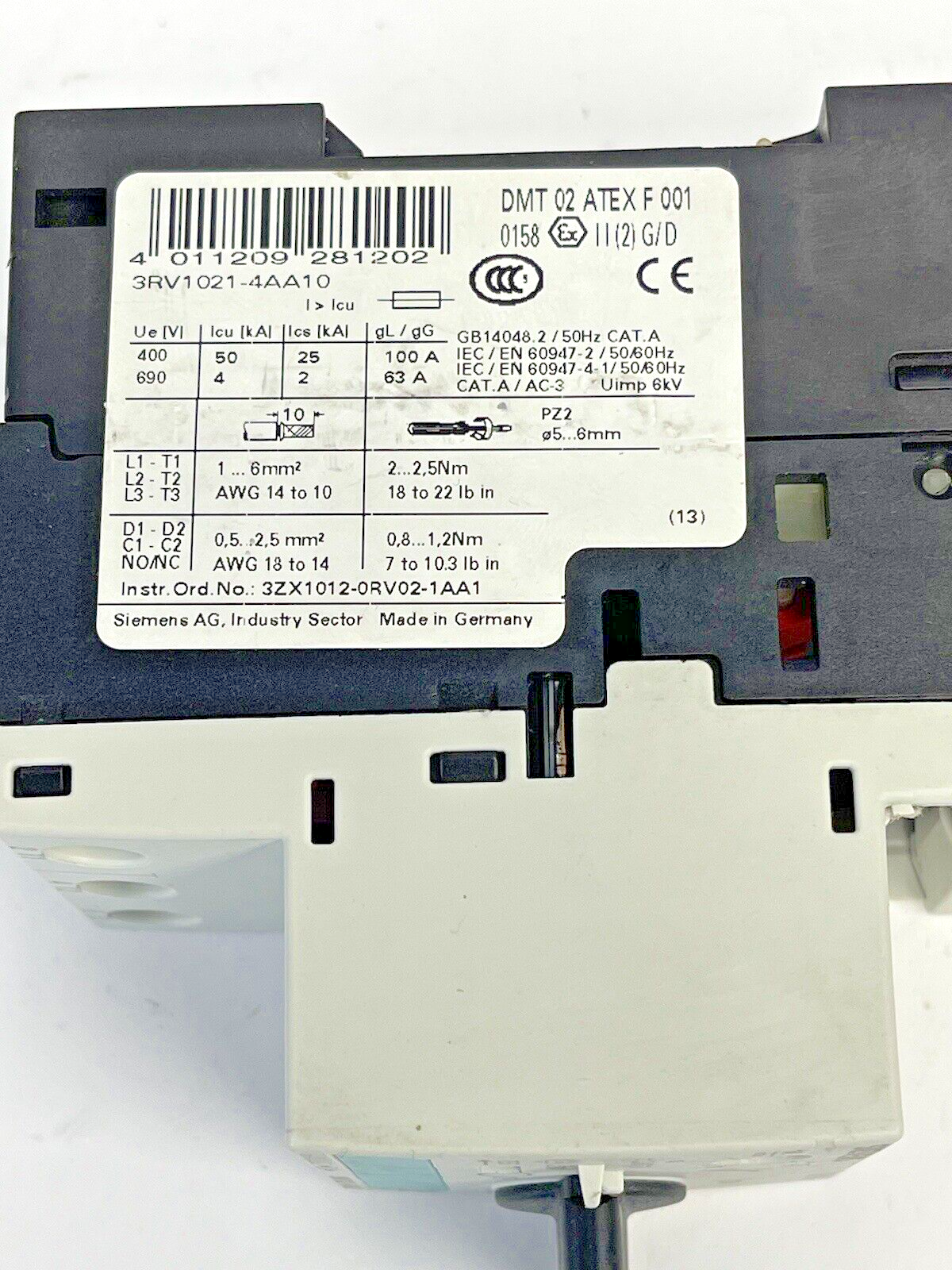 SIEMENS - 3RV1021-4AA10 - CIRCUIT BREAKER / MOTOR PROTECTOR