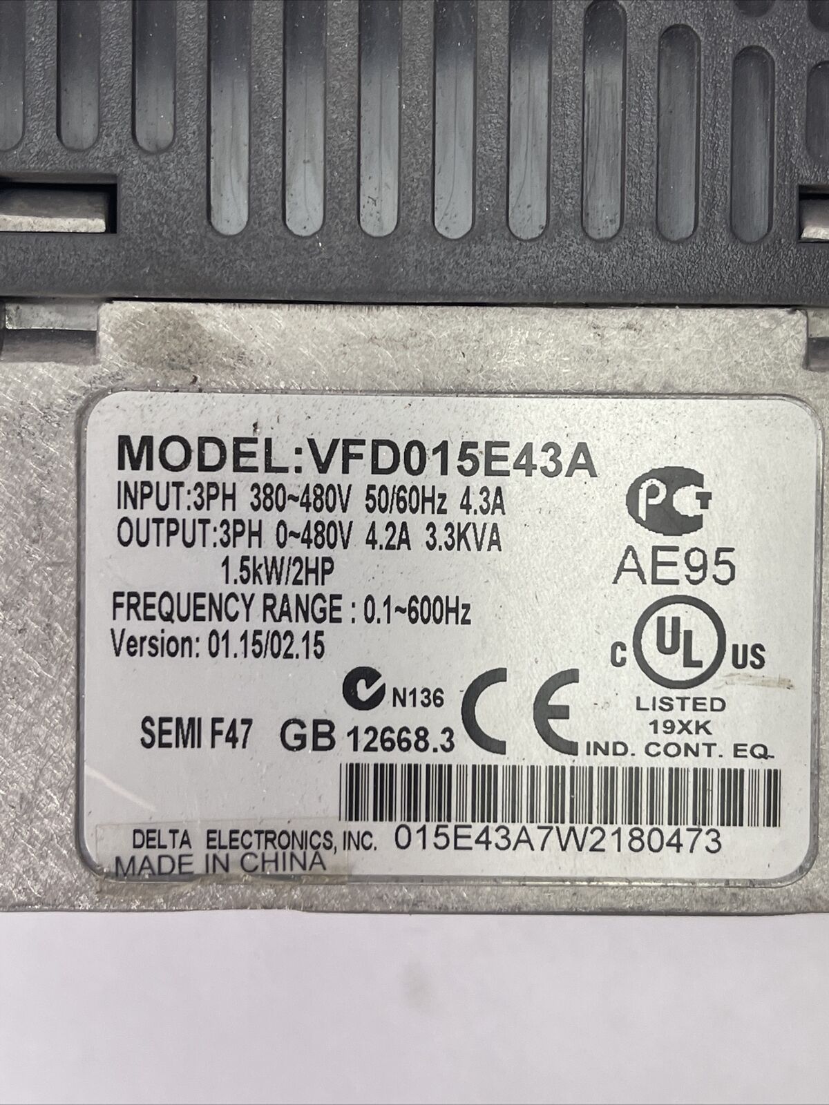 Delta Electronics VFD015E43A AC Motor Drive Inverter 3 Ph 480V POWERFOIL X VFD-E