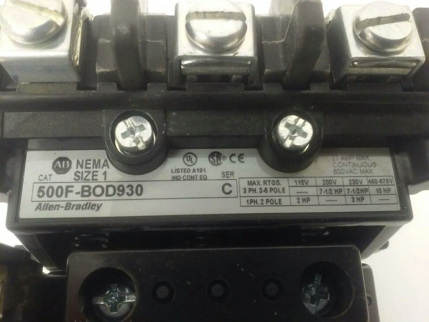 ALLEN BRADLEY 500F-BOD930 SER. C STARTER, SIZE 1, 27A, 600V, 120V COIL, W39,USED