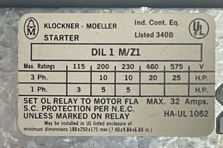 KLOCKNER MOELLER S3GK23X30X17.5/M+W INDUSTRIAL CONTROL PANEL DIL 1 M-Z1 STARTER