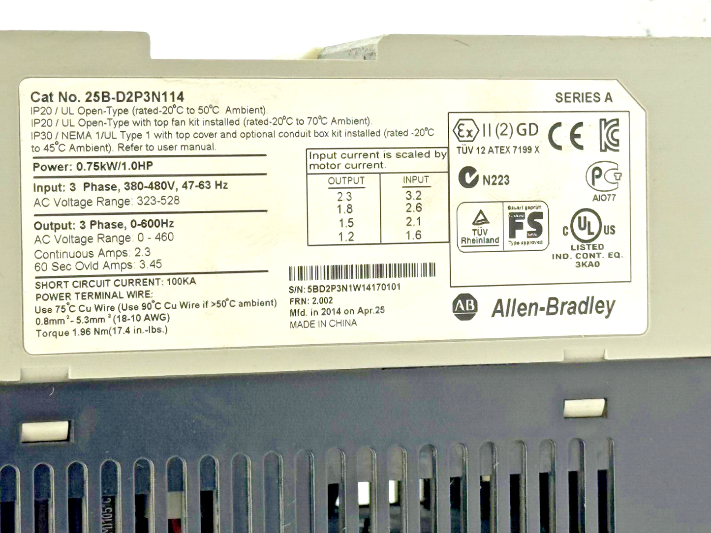ALLEN-BRADLEY - 25B-D2P3N114 SER. A FRN: 2.002 - POWERFLEX 525 - AC DRIVE