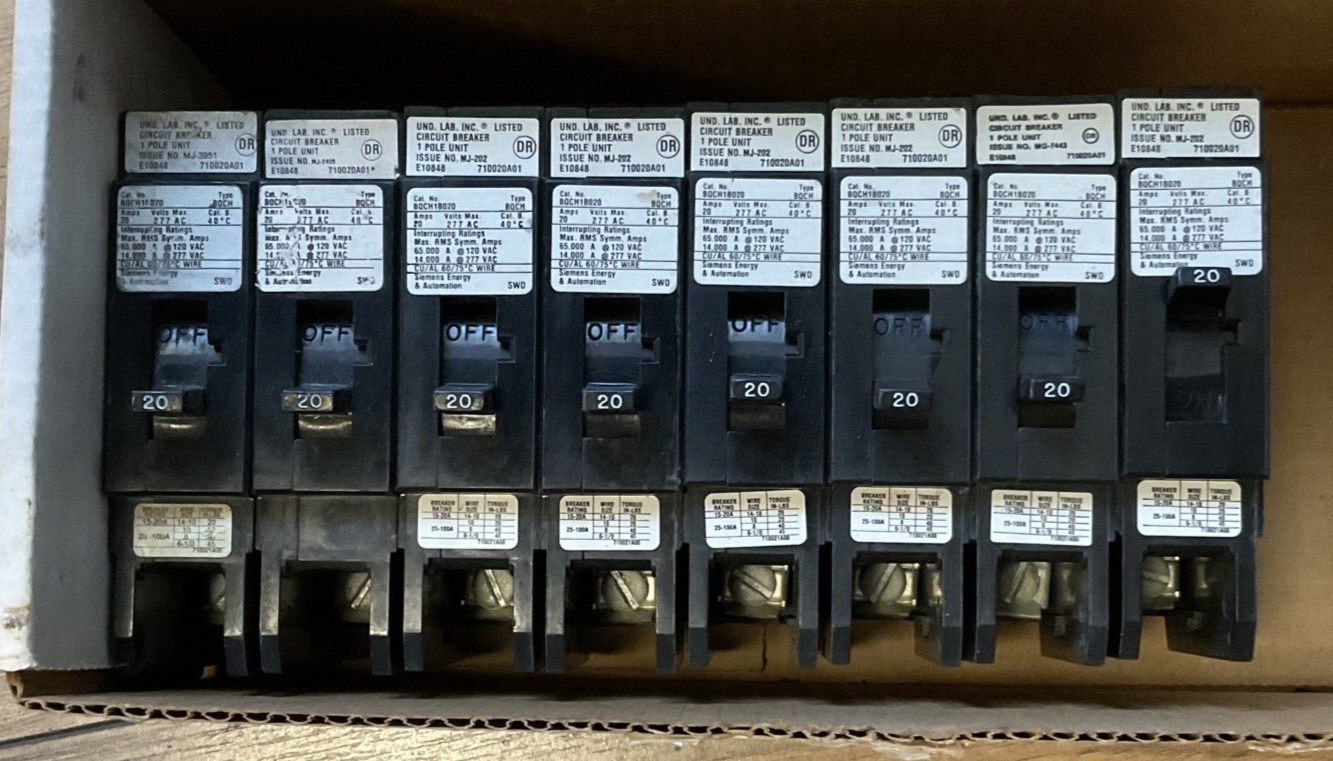 SIEMENS BQCH1B020 CIRCUIT BREAKER 20AMP 277VAC TYPE BQCH 1POLE ****LOTOF8****