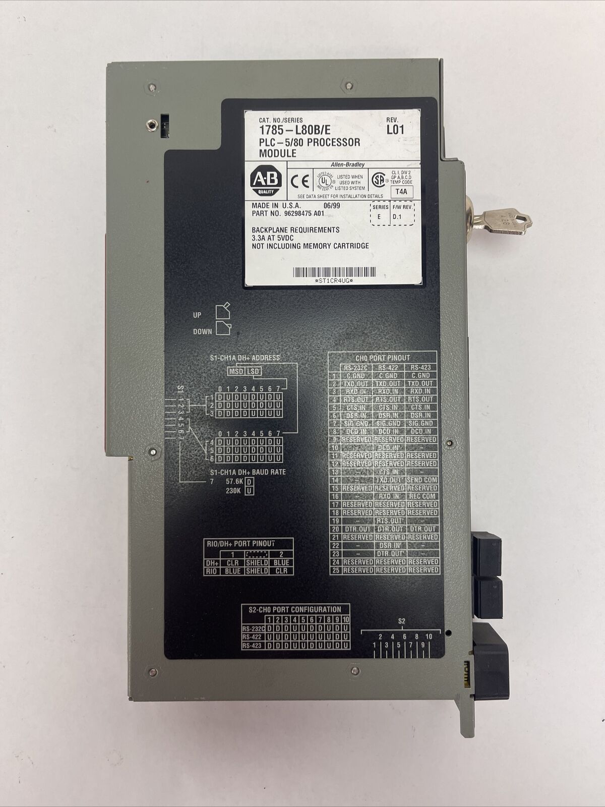 ALLEN BRADLEY 1785-L80B/E PLC-5/80 PROCESSOR MODULE REV L01 SER E F/W REV D.1