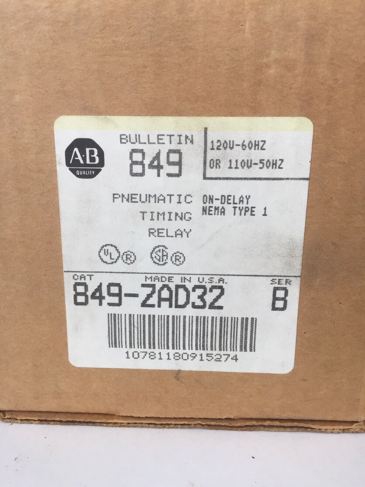ALLEN BRADLEY 849-ZAD32 PNEUMATIC TIMING RELAY NEMA TYPE 1 21A224 COIL 120V 60HZ