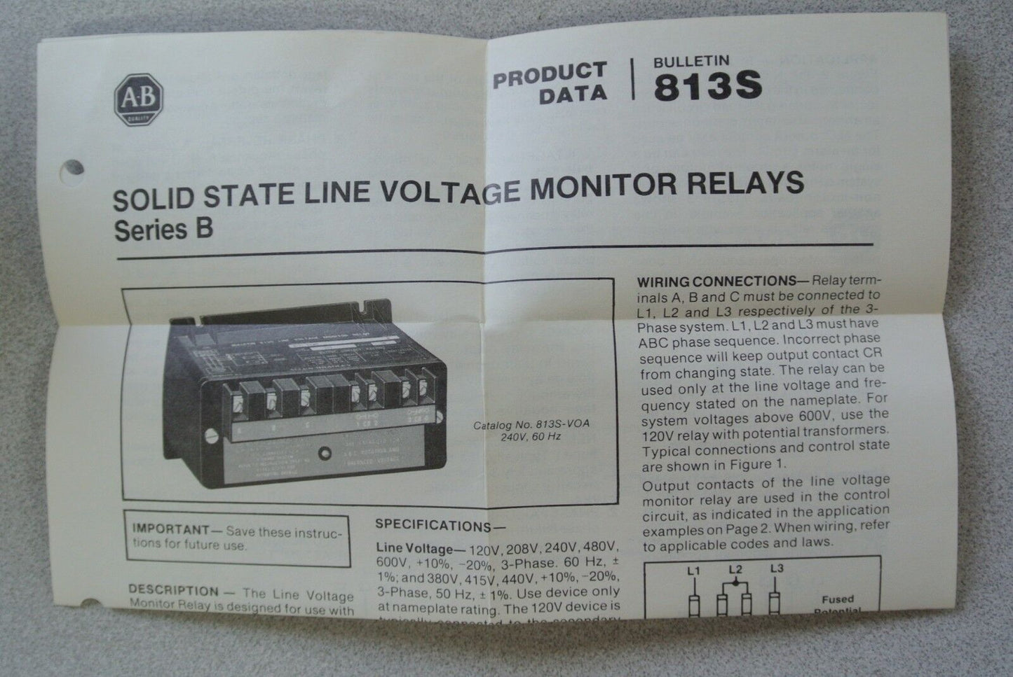 ALLEN-BRADLEY 813S-VON Ser. B LINE VOLTAGE MONITOR RELAY 440/380V - NEW SURPLUS
