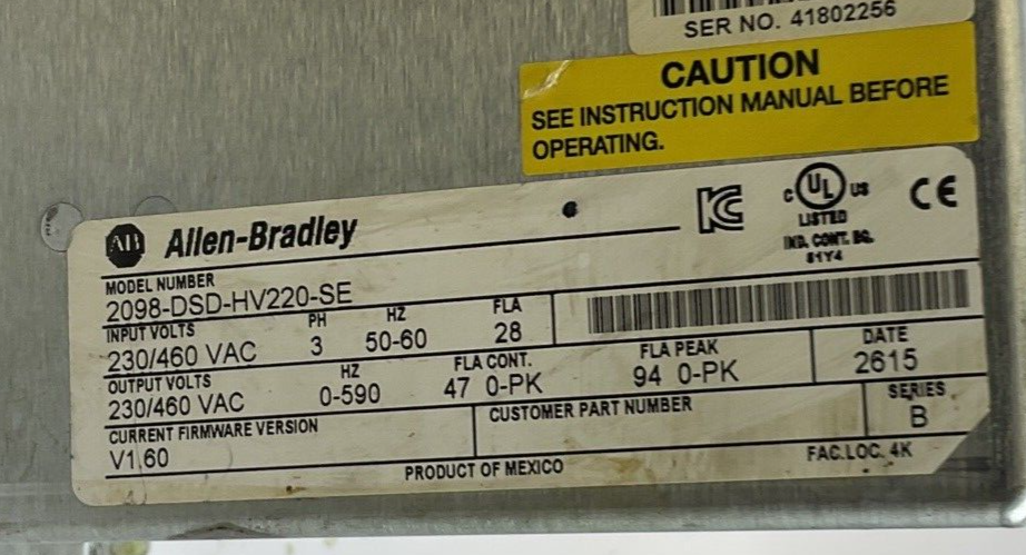ALLEN BRADLEY 2098-DSD-HV220-SE SERVO DRIVE SER.B 3PH FIRM V1.60 COVER BROKEN