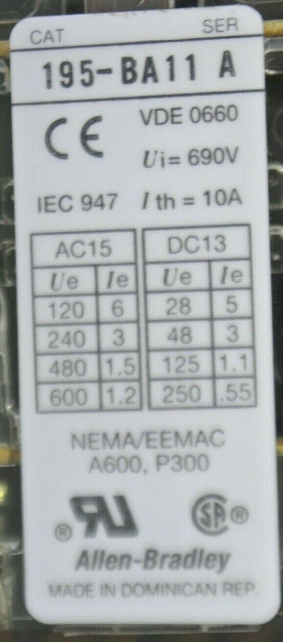 LOT of 3 / ALLEN-BRADLEY 195-BA11 AUXILIARY SWITCH / AUX. CONTACT / NEW SURPLUS