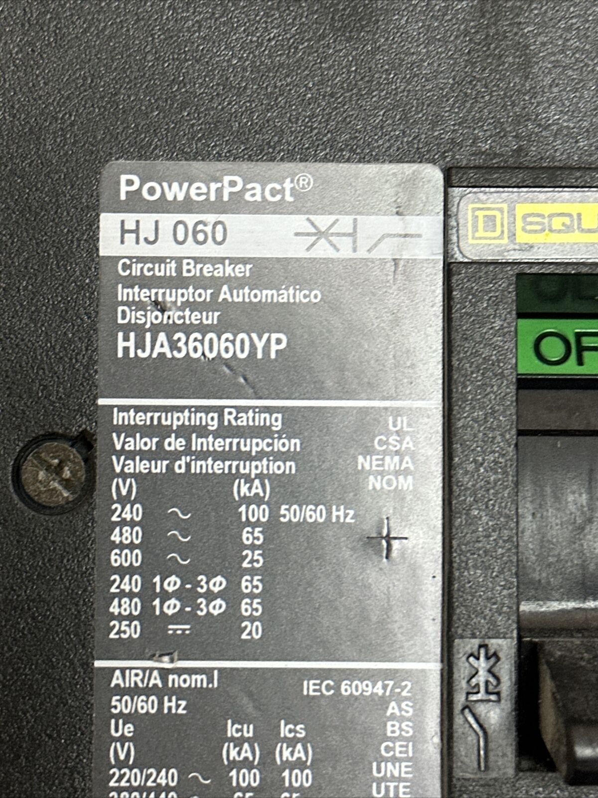 SQUARE D HJA36060YP POWER PACT CIRCUIT BREAKER 60A 600VAC 250VDC 3POLE