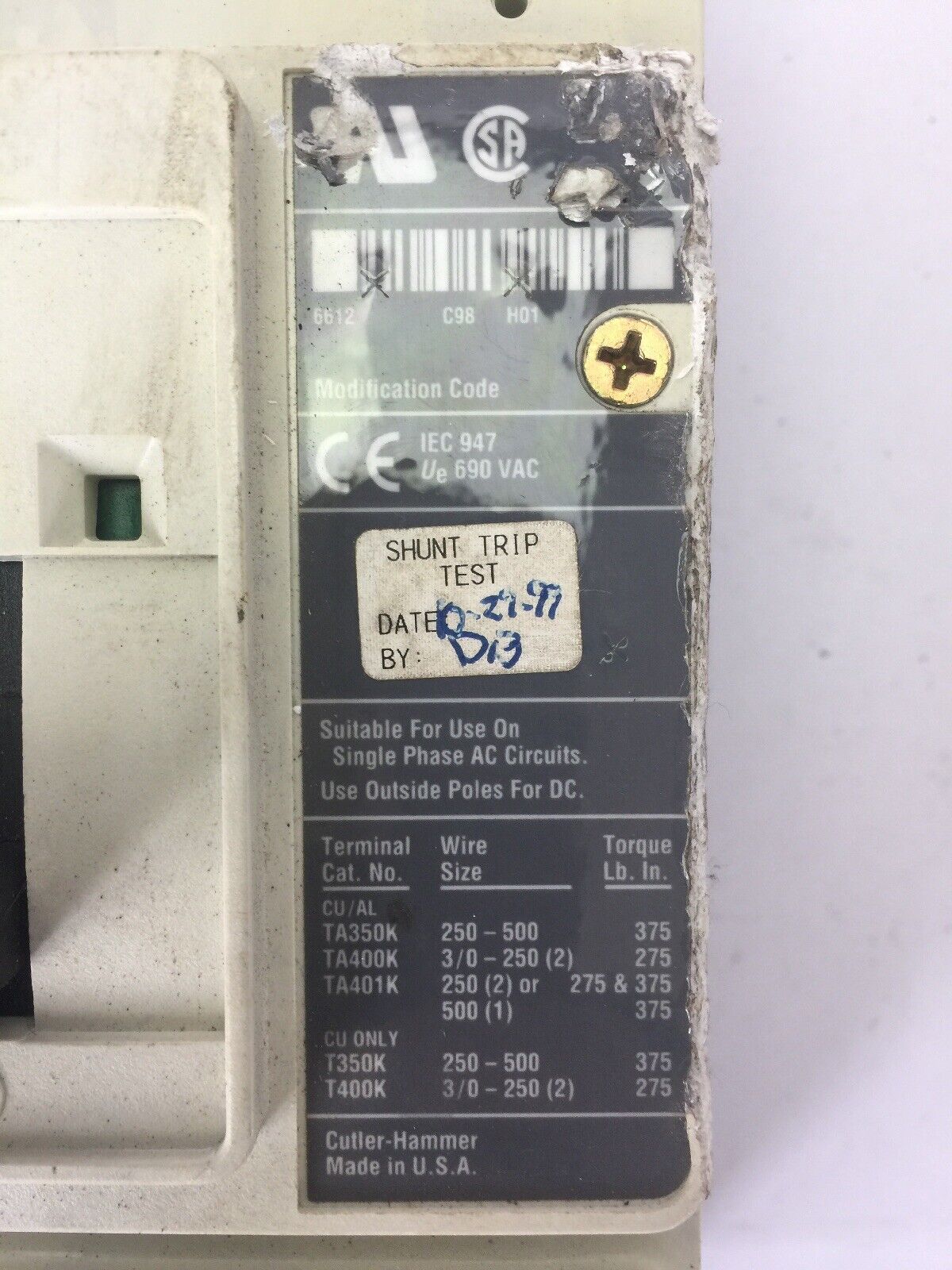 CUTLER HAMMER HM2P400X5WS10 MOTOR CIRCUIT PROTECTOR 400A 600 VAC 250 VDC 2 POLE