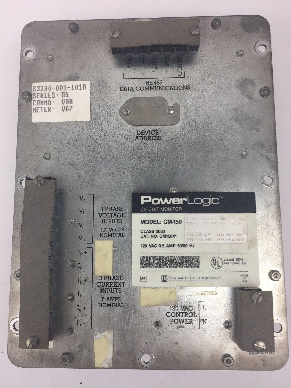 SQUARE D CM-150 POWER LOGIC CIRCUIT MONITOR 120 VAC 0.5 AMP 50/60 HZ CLASS 3020