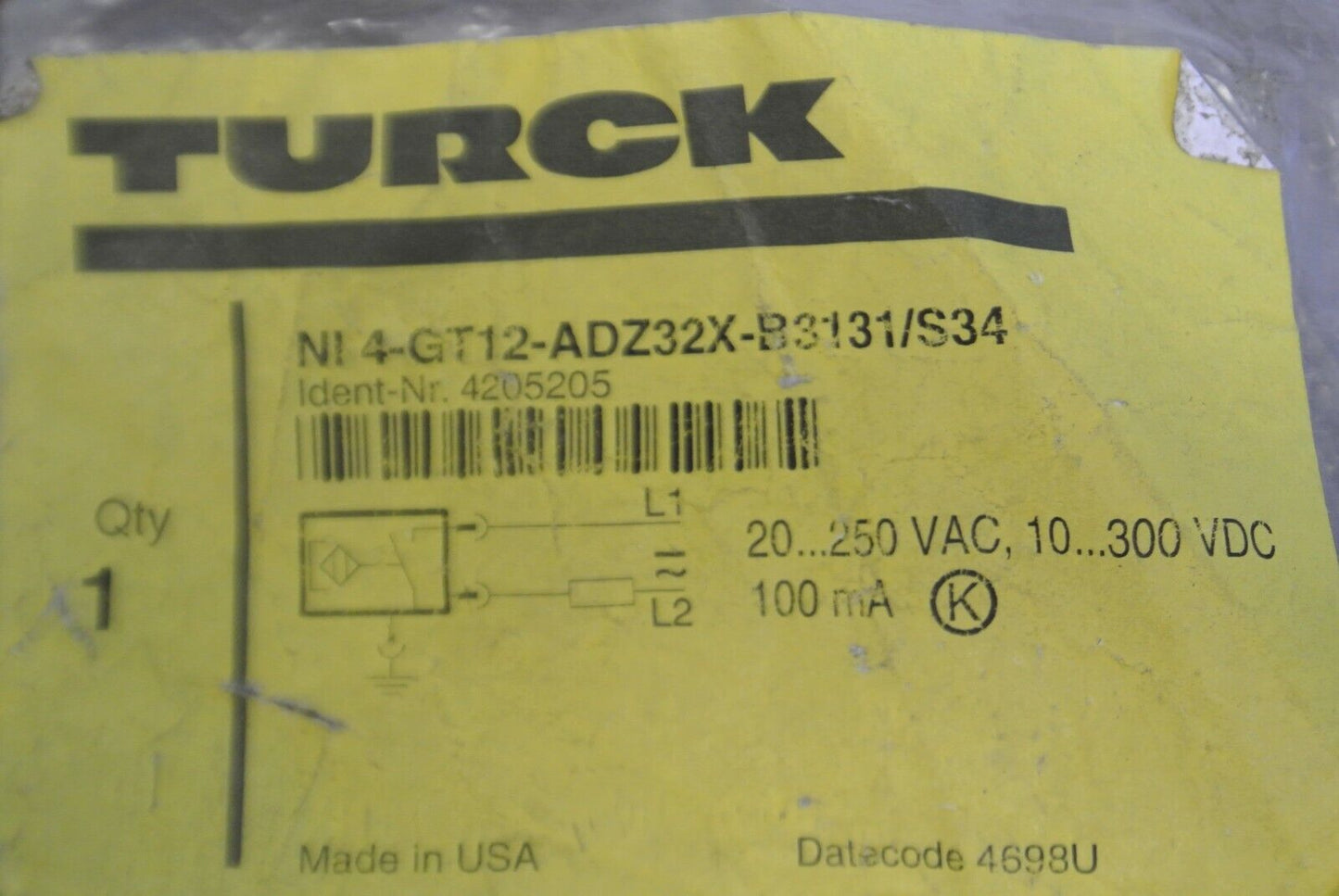 TURCK NI4-GT12-ADZ32X-B3131/S34 PROXIMITY SENSOR / 20-250VAC / 100mA / 10-300VDC