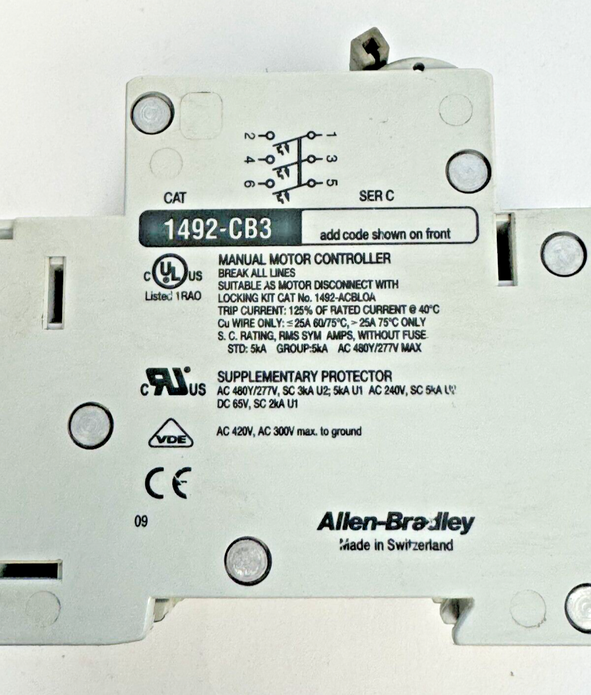 ALLEN-BRADLEY - 1492-CB3-G200 SER. C - MOTOR CONT. - 3 P, 20 A, 277 V, 10HP, 3PH