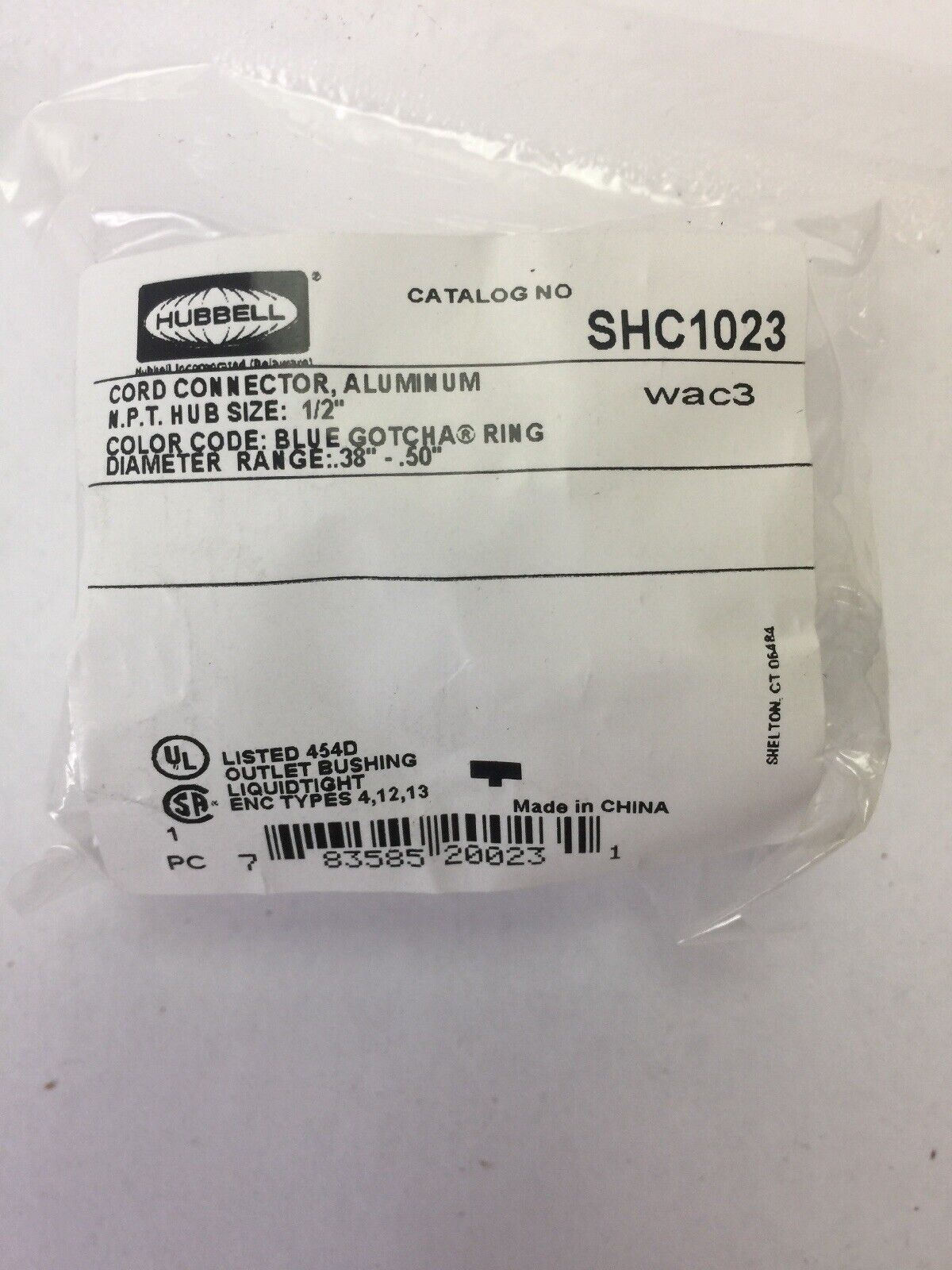 HUBBELL SHC1023 CORD CONNECTOR ALUMINUM N.P.T. HUB SIZE 1/2"
