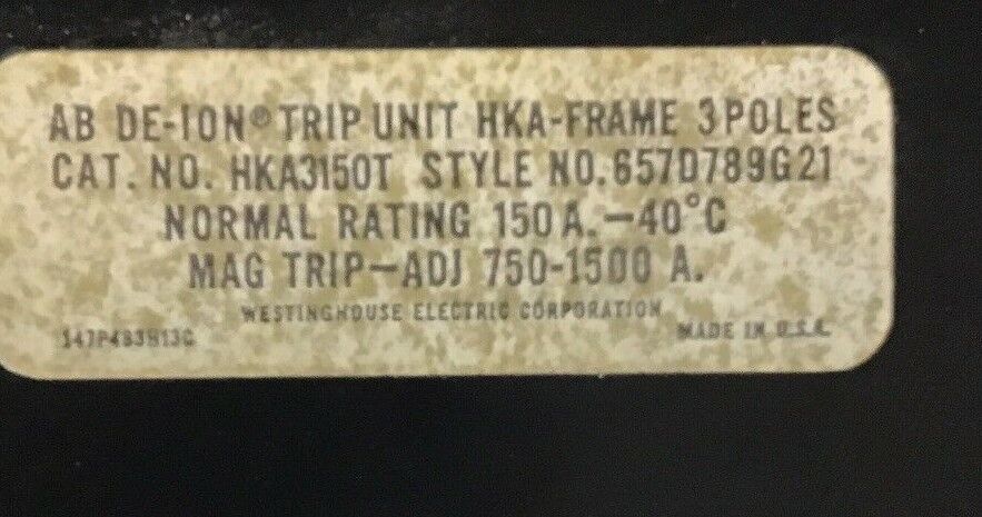 WESTINGHOUSE HKA3150T TRIP UNIT 150A 3POLE HKA-FRAME