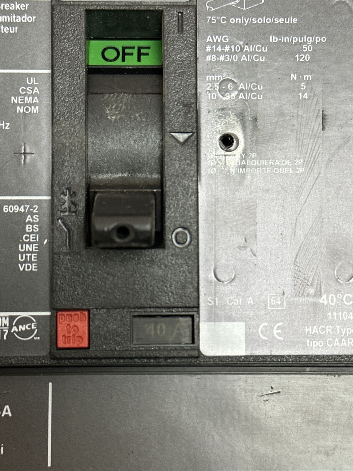 SQUARE D HJA36040YP POWER PACT CIRCUIT BREAKER 40A 600VAC 250VDC 3POLE