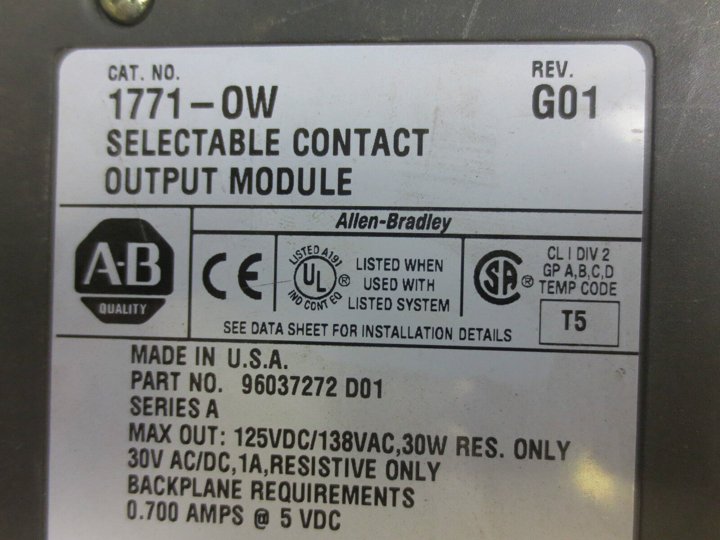 ALLEN-BRADLEY 1771-OW SELECTABLE CONTACT OUTPUT MODULE, Ser. A, Rev. G01